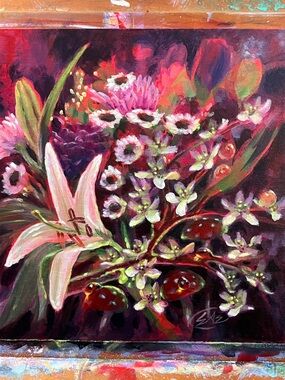 Mushroom bouquet original painting floral still life surreal Artettina